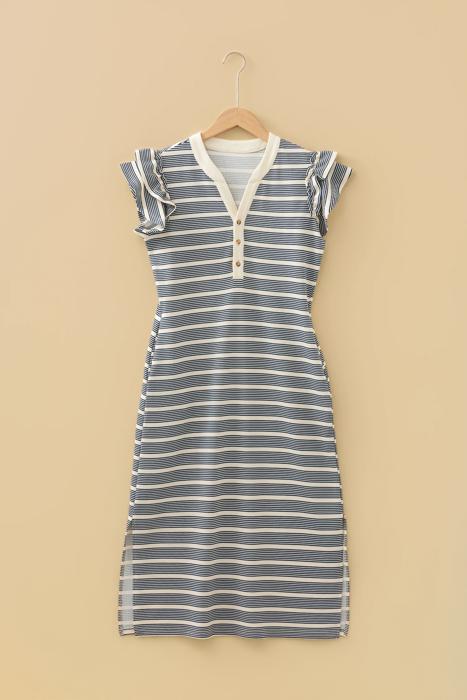 Button Front Contrast Trim Notch Neck Dress | S-XL