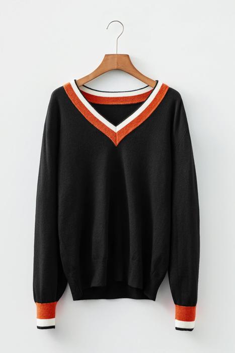Contrast Striped Trim V Neck Varsity Light Sweater | S-XL