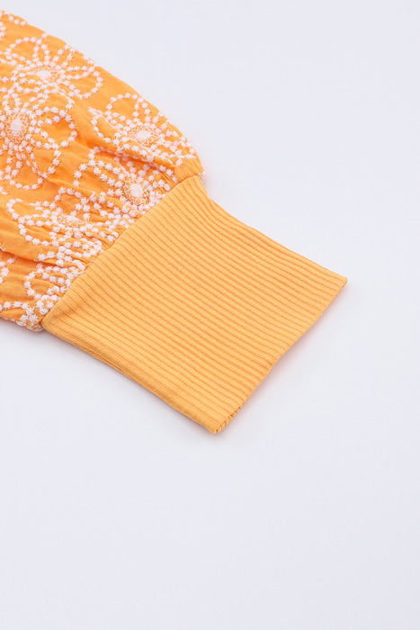 Flower Puff Sleeve Ribbed Knit Top | S-XL