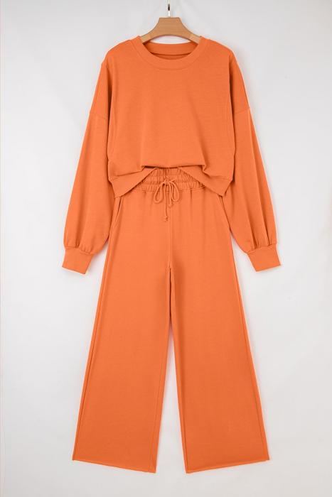 Drop Shoulder Puff Sleeve Cropped Pullover Pants Set | S-XL
