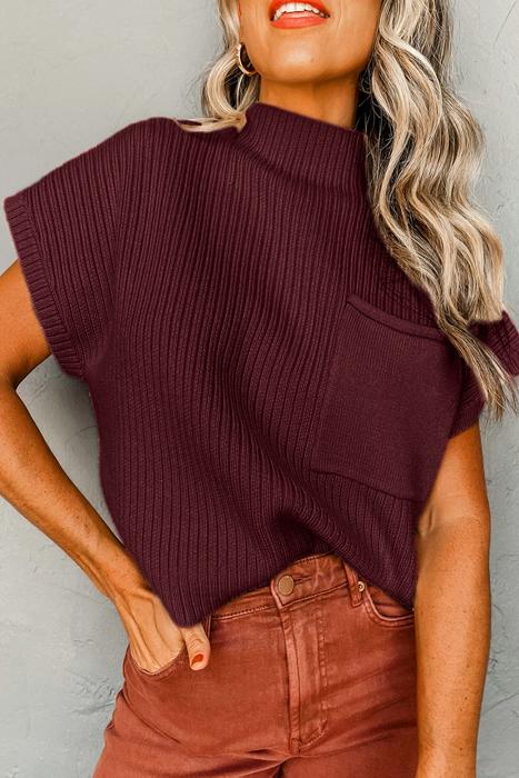 Pocket Ribbed Knit Short Sleeve Sweater | S-XL