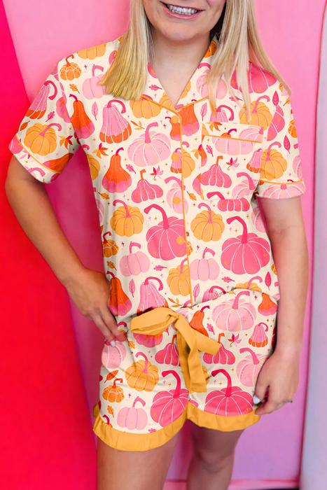 Shell Button Pumpkin Print Two-Piece Lounge Set | S-XL