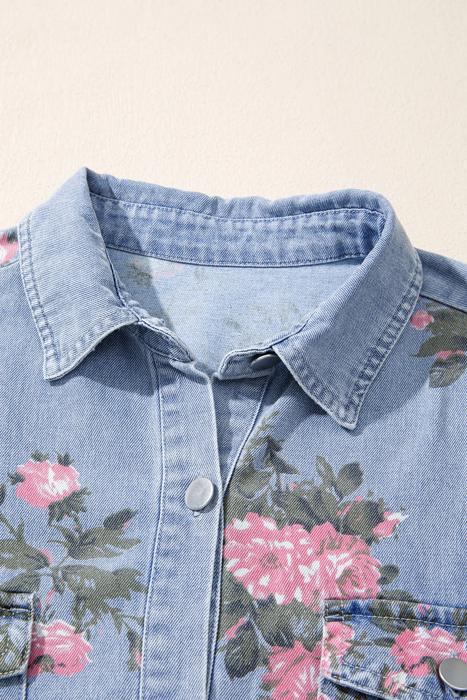 Floral Print Denim Button-Down Shift Dress | S-XL