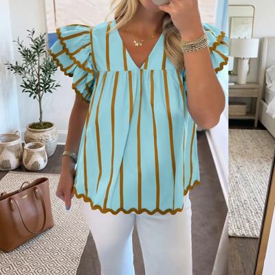 Double Ruffled Sleeve Striped Blouse | S-XL