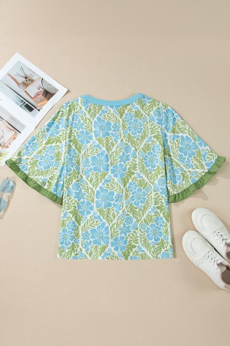 Floral Ruffle Colorblock Trim Blouse | S-XL