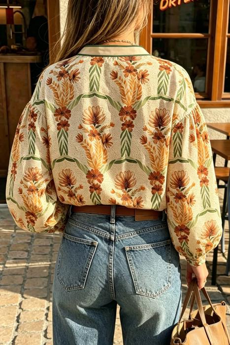 Floral Print Long Sleeve V-Neck Shirt | S-XL