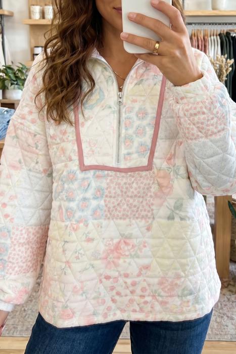 Floral Embroidered Quilted Zip-Up Sweatshirt | S-XL