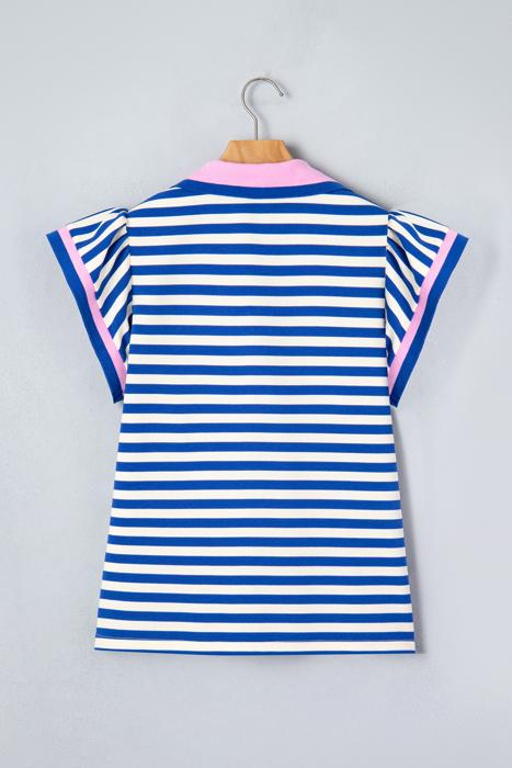 Preppy Stripe Polo Collar Ruffle Detail Top | S-XL