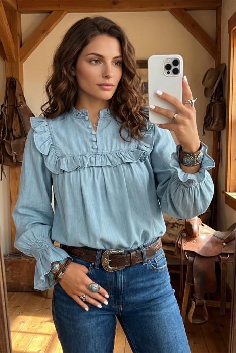 Western Ruffle V-Neck Chambray Blouse | S-XL