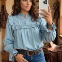  Western Ruffle V-Neck Chambray Blouse | S-XL