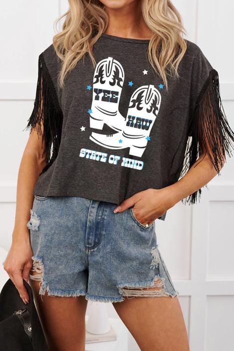 YEE HAW Boots Graphic Fringed Sleeve Tee | S-XL