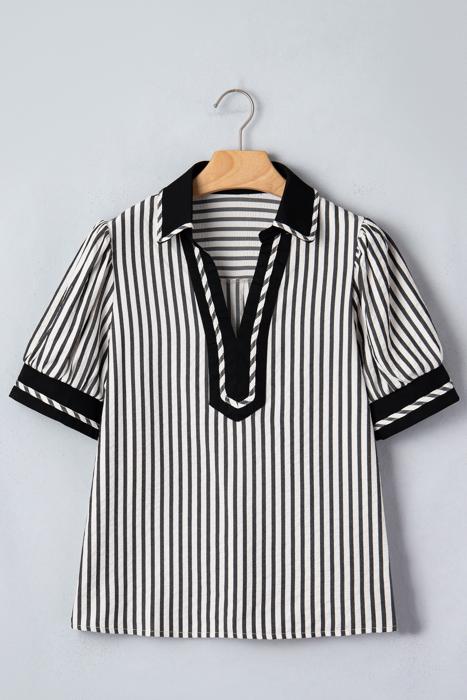 Classic Stripe Collared Bubble Sleeve Blouse | S-XL