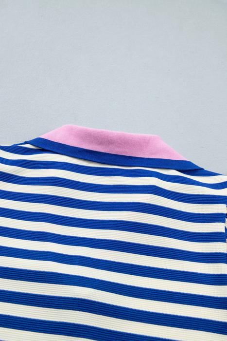 Preppy Stripe Polo Collar Ruffle Detail Top | S-XL