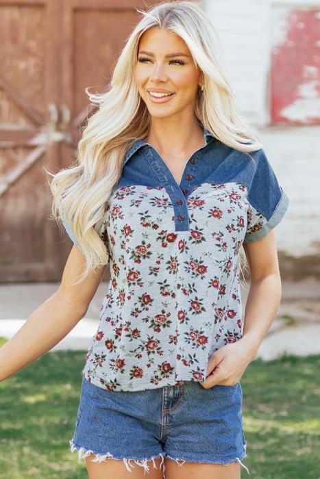 Gorgeous Retro Garden Denim Patchwork Buttoned Collar | S-XL