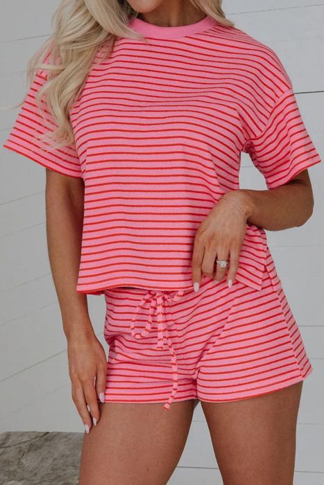 Striped Knit T-Shirt & Elastic Waist Shorts Set | S-XL