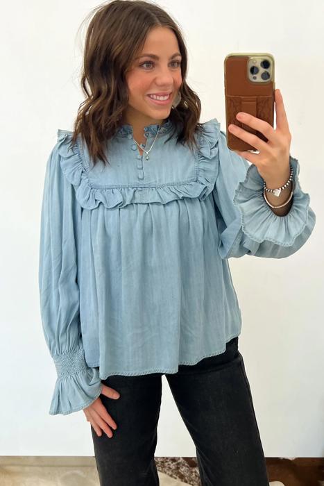 Western Ruffle V-Neck Chambray Blouse | S-XL