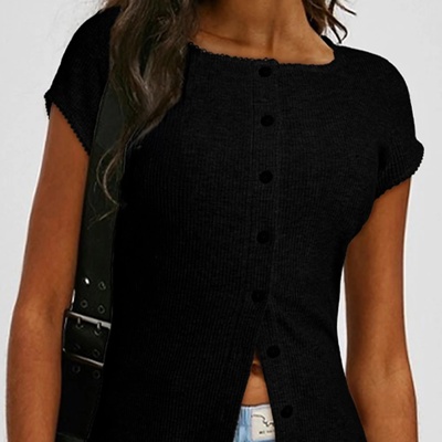 Lace Edge Ribbed Knit Short Sleeve Top | S-XL