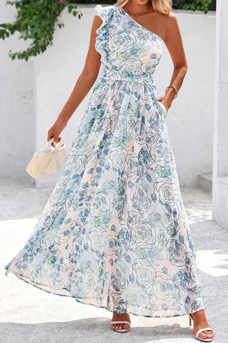 Tropical Bloom One-Shoulder Maxi Dress | S-XL