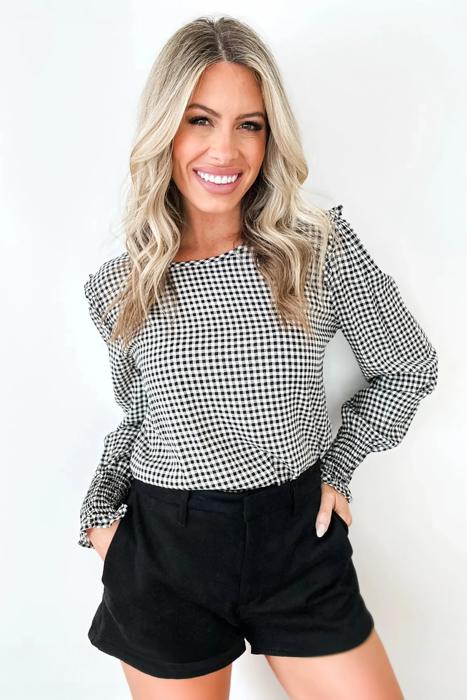 Plaid Shirred Cuff Long Sleeve Blouse | S-XL