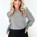  Plaid Shirred Cuff Long Sleeve Blouse | S-XL