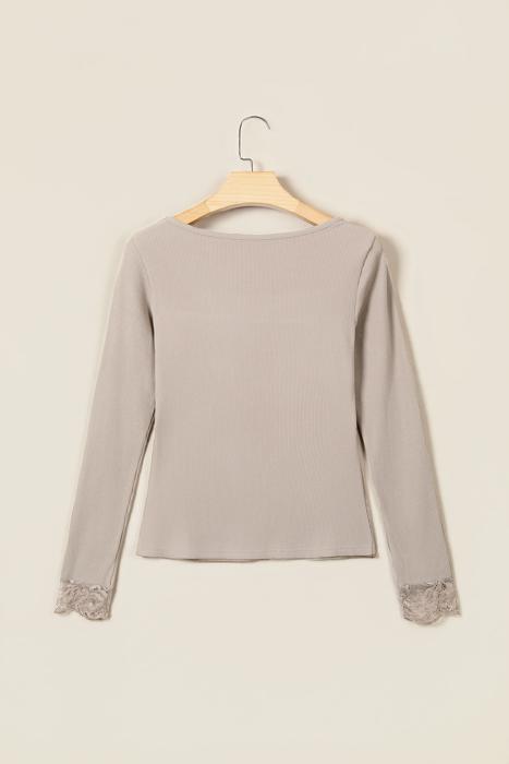 Lace Charm Ribbed Long Sleeve Top | S-XL