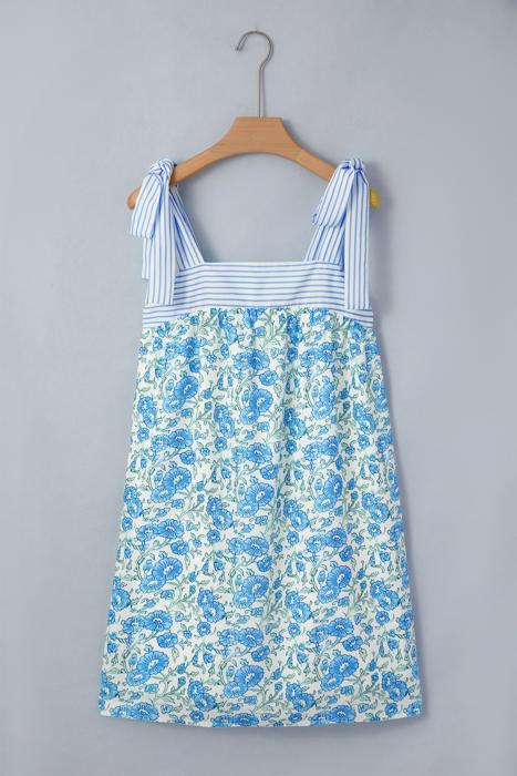 Floral Print Bow Strap Patchwork Mini Dress | S-XL