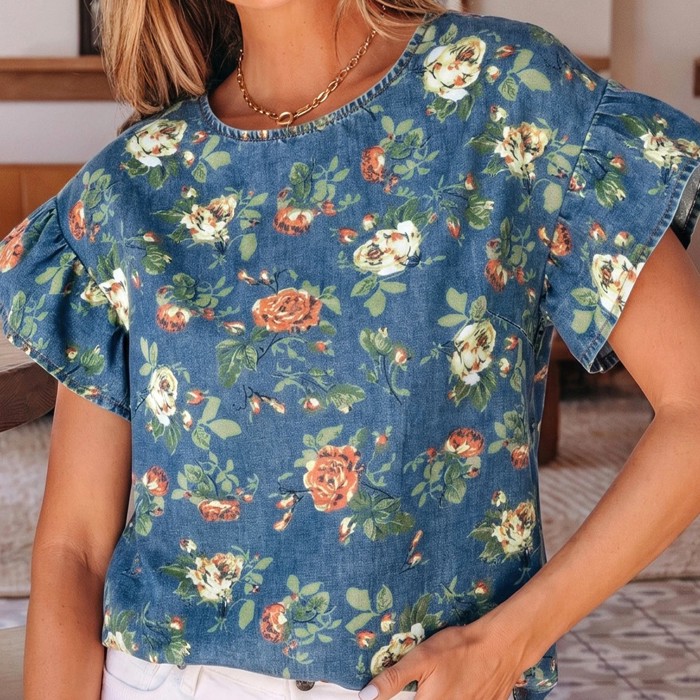 Casual Floral Denim Puff Sleeve Top | S-XL