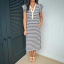  Button Front Contrast Trim Notch Neck Dress | S-XL