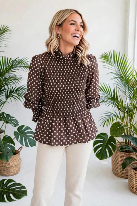 Polka Dot Shirred High Neck Ruffle Blouse | S-XL