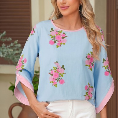 Floral Print 3/4 Sleeve Button-Cuff Blouse | S-XL