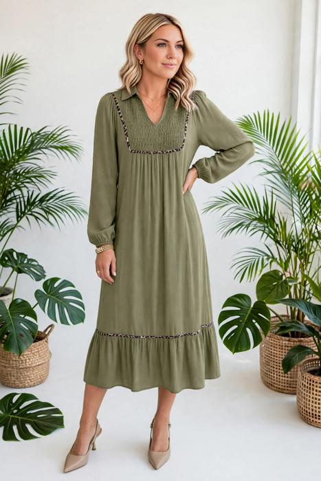 Collared V-Neck Leopard Trim Maxi Dress | S-XL