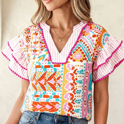 Boho Mixed Print Tiered Short Sleeve Blouse | S-XL
