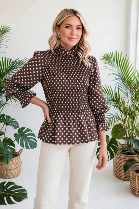Polka Dot Shirred High Neck Ruffle Blouse | S-XL