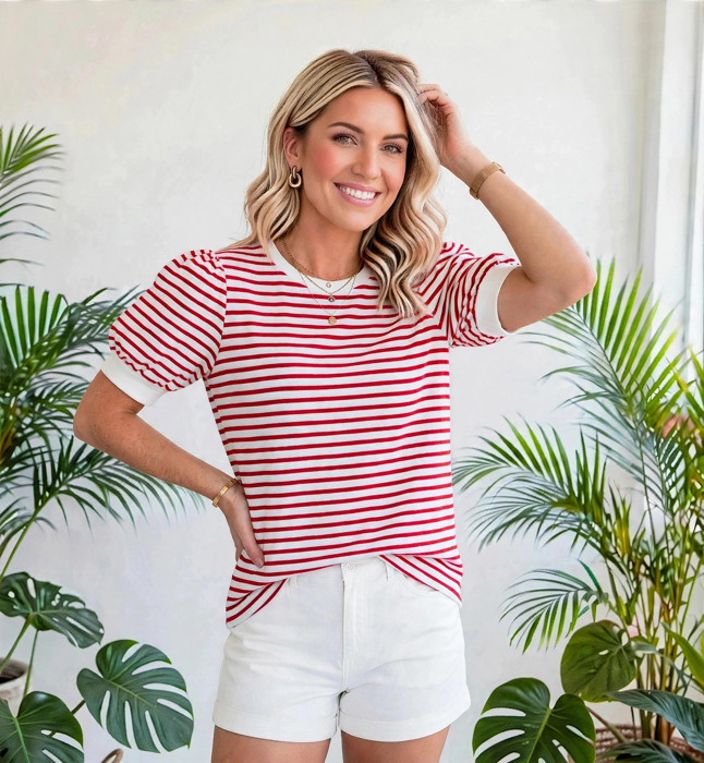 Stripe Trim Round Neck Short Puff Sleeve Top | S-XL