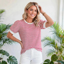  Stripe Trim Round Neck Short Puff Sleeve Top | S-XL