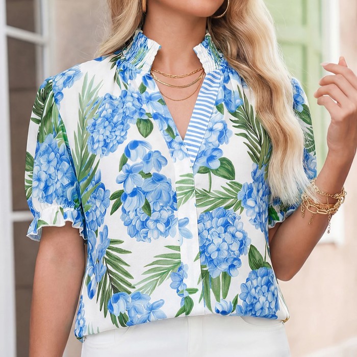 Tropical Striped Patchwork V-Neck Top | S-XL
