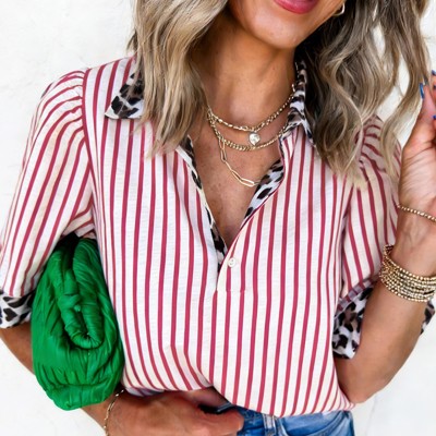 Leopard Trim Striped Half-Button Blouse | S-XL