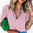  Leopard Trim Striped Half-Button Blouse | S-XL