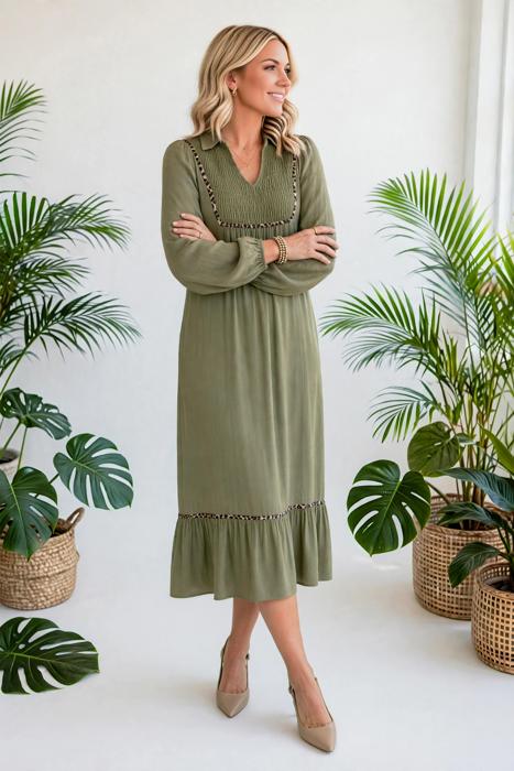 Collared V-Neck Leopard Trim Maxi Dress | S-XL