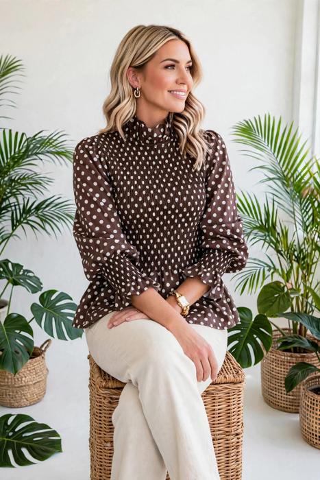Polka Dot Shirred High Neck Ruffle Blouse | S-XL