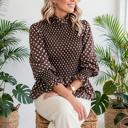 Polka Dot Shirred High Neck Ruffle Blouse | S-XL