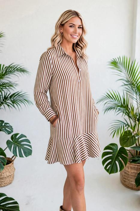 Striped Ruffle Hem Collared Mini Dress | S-XL