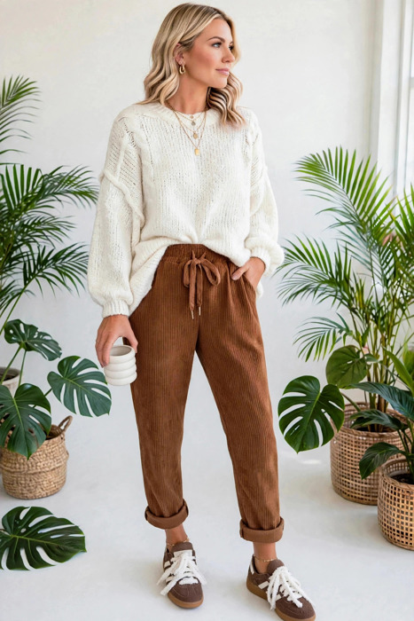 Cozy Season Babe Elastic Waist Corduroy Pants with Pockets | S-XL