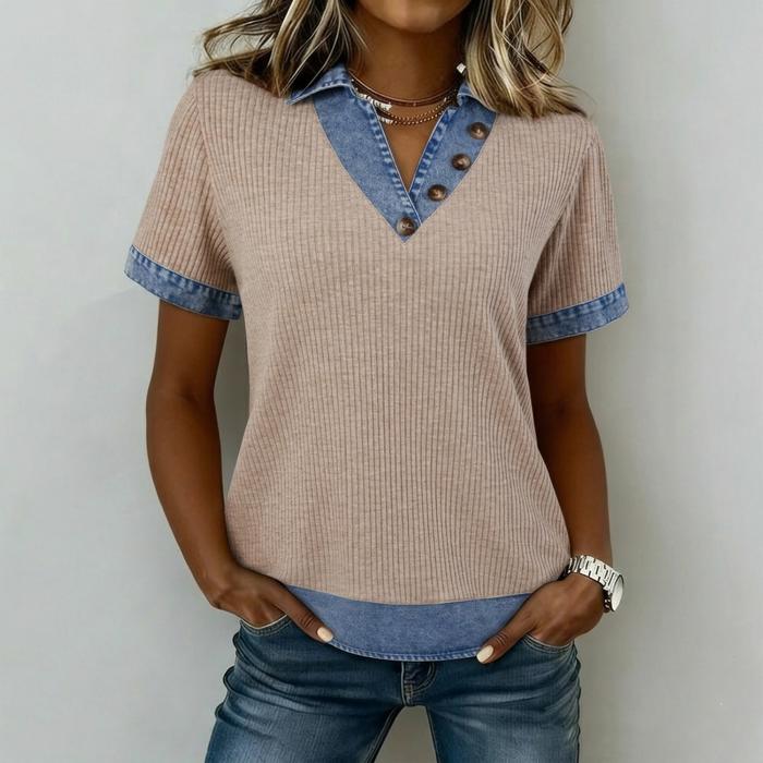 Ribbed Knit Denim Color Block Collared Blouse | S-XL