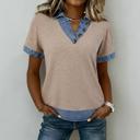 Small Beige Ribbed Knit Denim Color Block Collared Blouse | S-XL