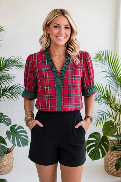 Plaid V-Neck Ruffle Trim Short Sleeve Blouse | S-XL
