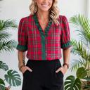  Plaid V-Neck Ruffle Trim Short Sleeve Blouse | S-XL