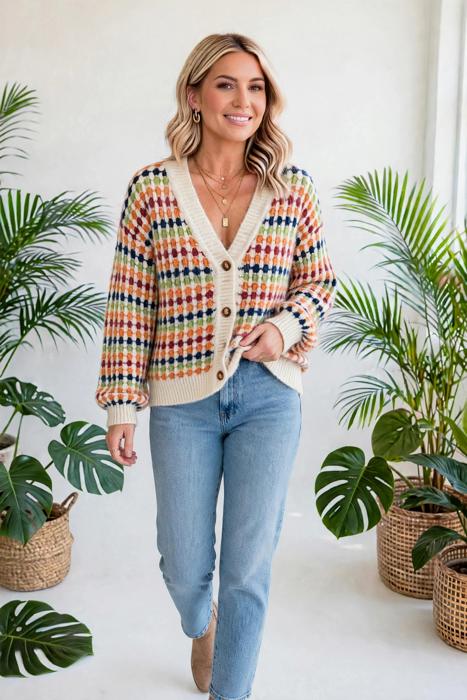 Dot Pattern Knit Button Front V Neck Cardigan | S-XL