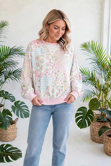 Floral Twist Trim Long Sleeve Top | S-XL