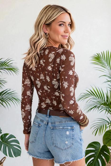 Floral Print Sheer Mesh Long Sleeve Top | S-XL